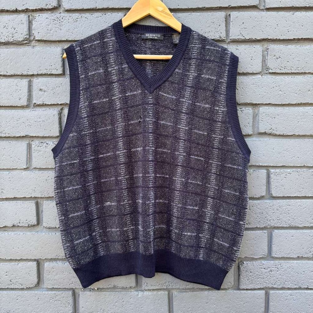 VTG Segreto Italy Sweater Vest Men' XL Navy Blue Plaid Alpaca Wool Grandpa Core
